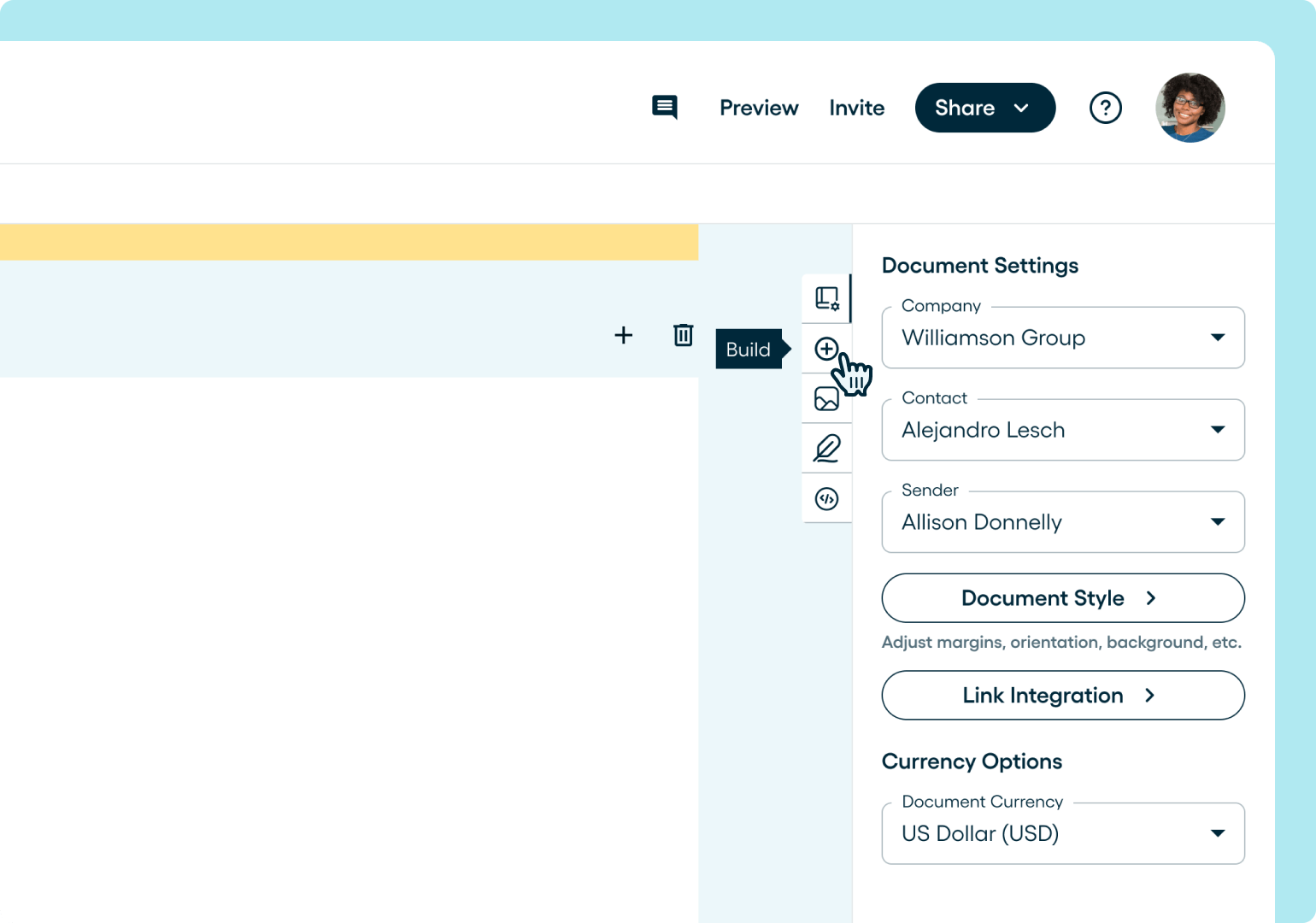 Opening the build menu in the right side bar of the Proposify editor.