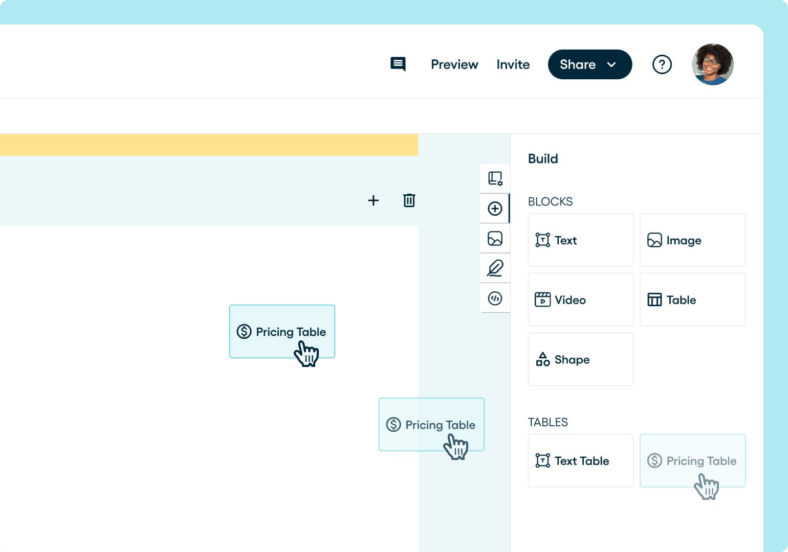 Dragging the pricing table button onto a page of a Proposify document to add a new pricing table.