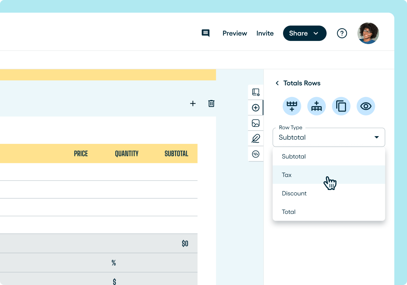Adding a tax row to a Proposify pricing table.