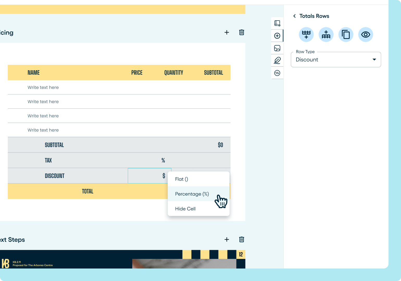 Changing a discount row in a Proposify pricing table from flat to percentage.