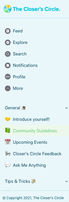 The side bar menu for The Closer's Circle network
