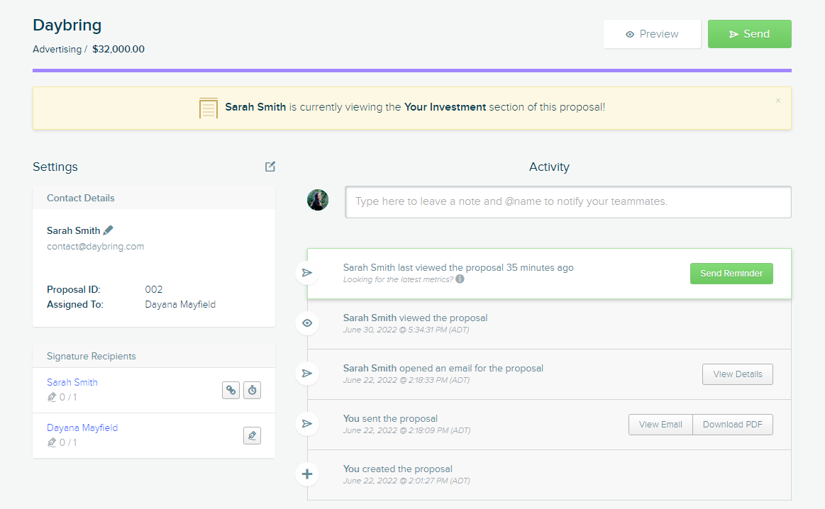 Viewing client-side proposal activity to effectively time a proposal follow-up