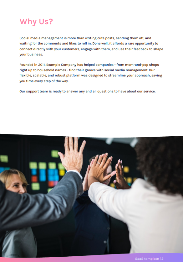 SaaS software proposal example showing 'Why Us?' page