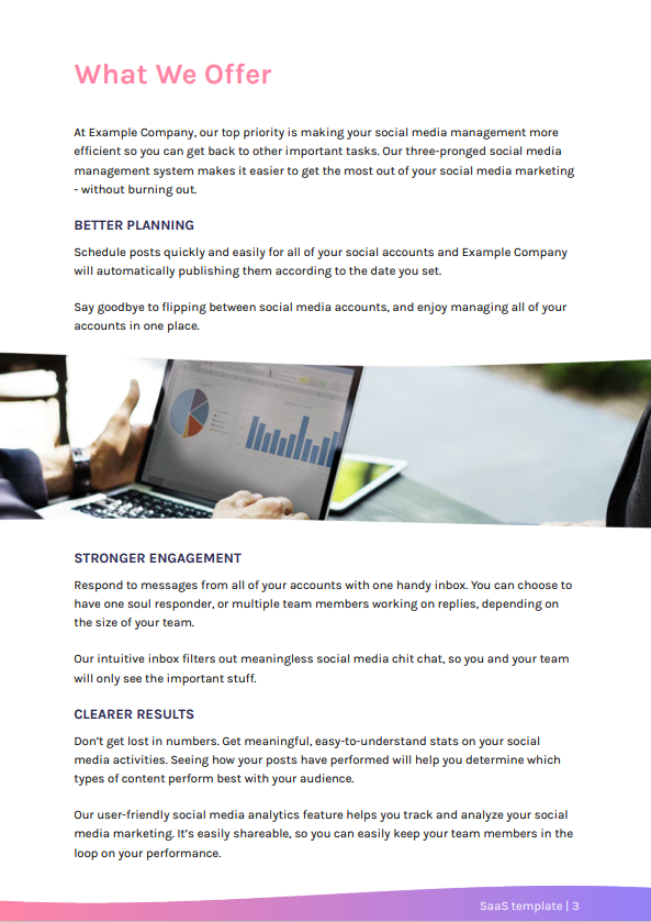 SaaS software proposal example showing 'What We Offer' page