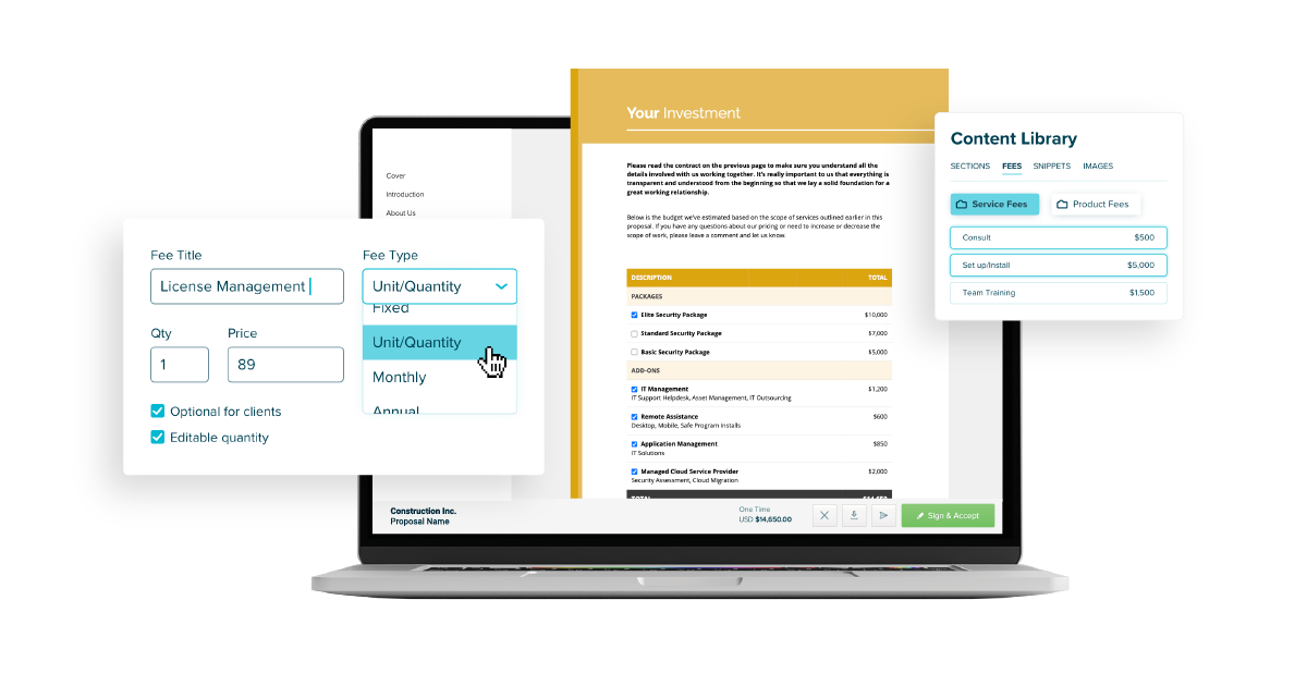 Interactive fee tables for CPQ software