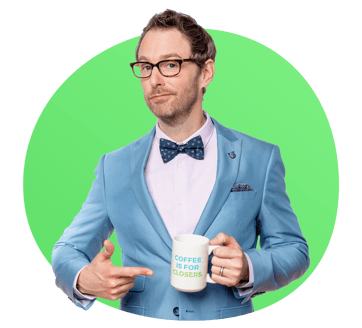 Proposify's mascot, P, in a blue suit. Coffee is for closers