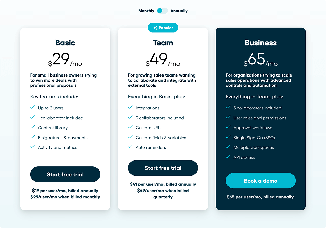 Screenshot of Proposify's pricing options which includes the basic plan, team plan, and business plan.