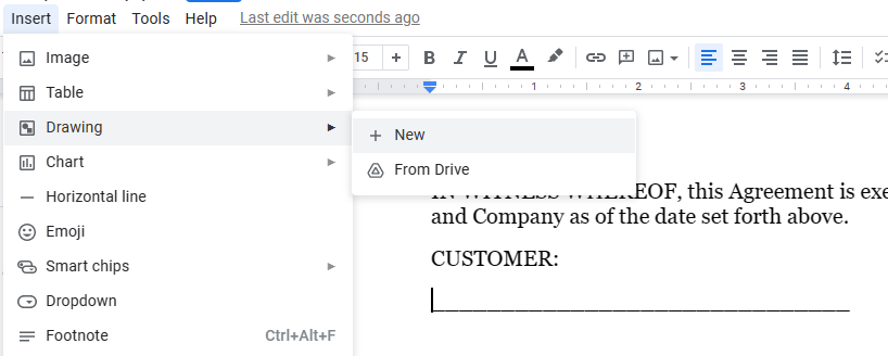 Screenshot of google docs e signature tool