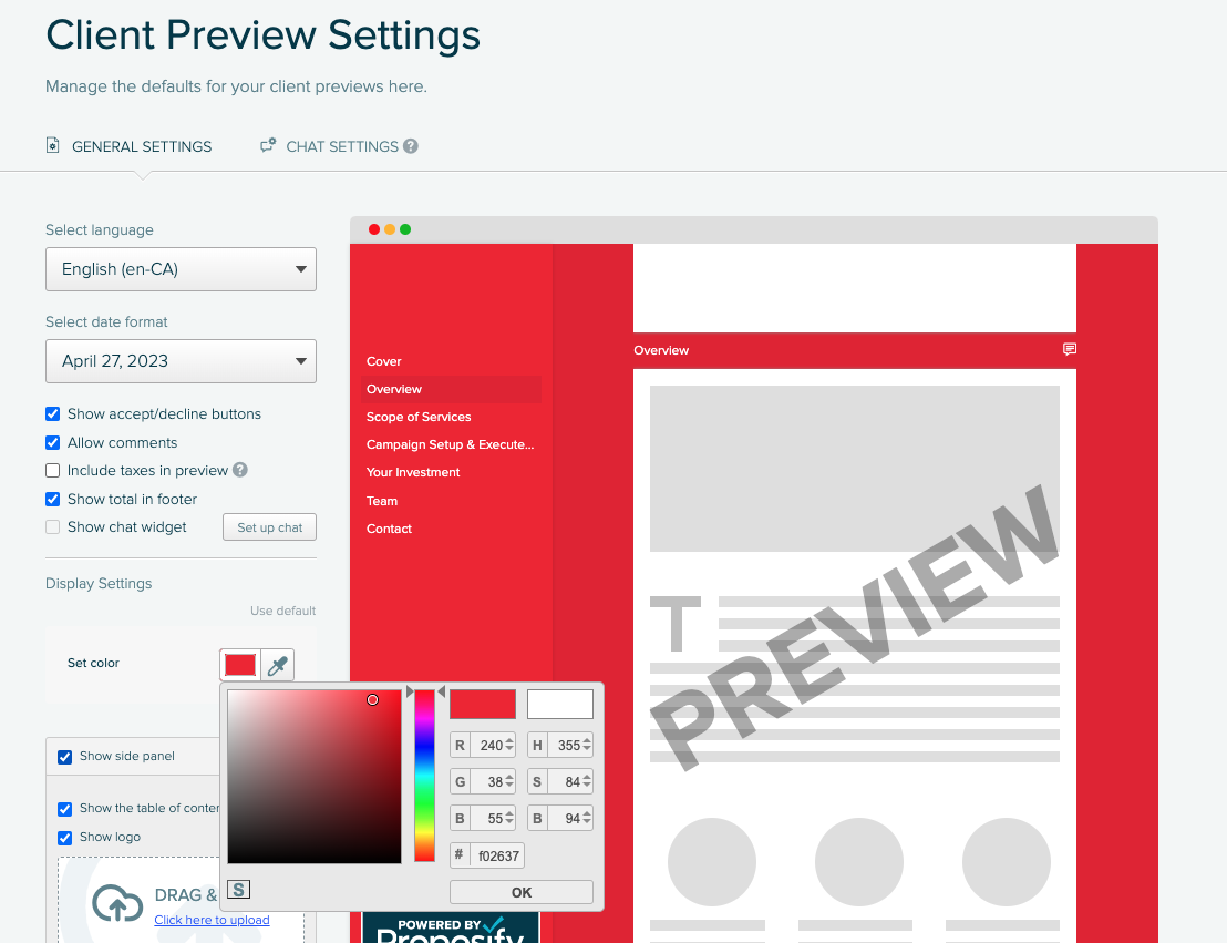 Client preview settings