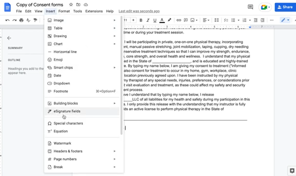 Selecting e signature file in google docs