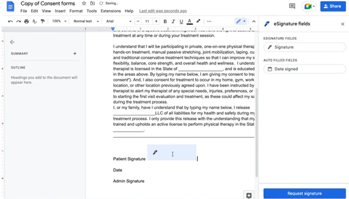 e signature panel in google docs