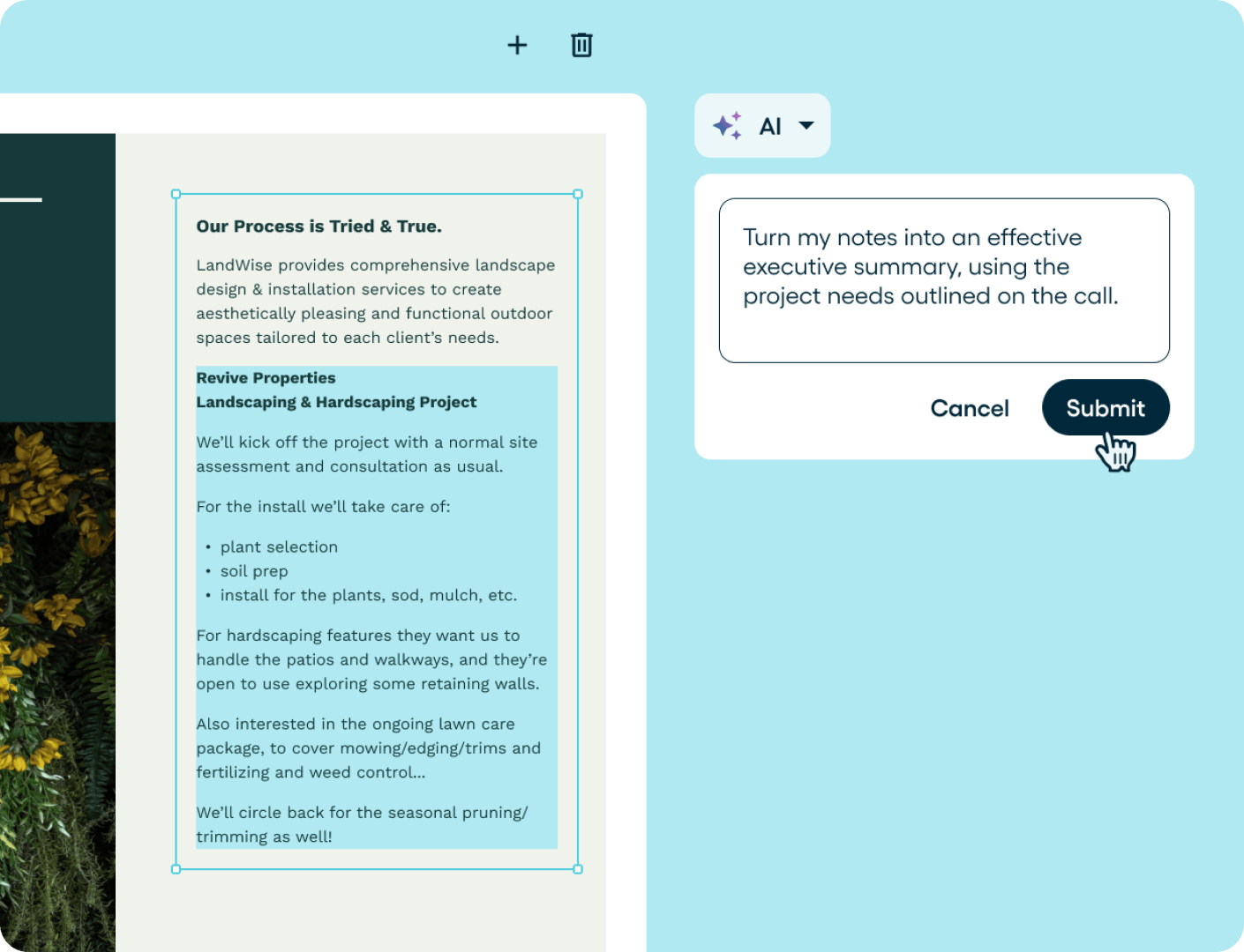 An open document in Proposify with highlighted text. Next to the document is Proposify's AI content generator menu, with a prompt to change the highlighted text into an executive summary.