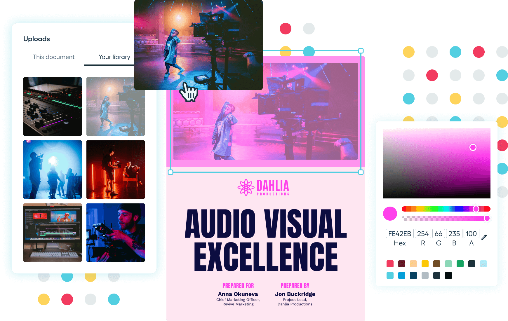 A colourful cover page for a proposal for audio video services, showing the Proposify image library adding a photograph to the design, and a colour selection window styling the page.