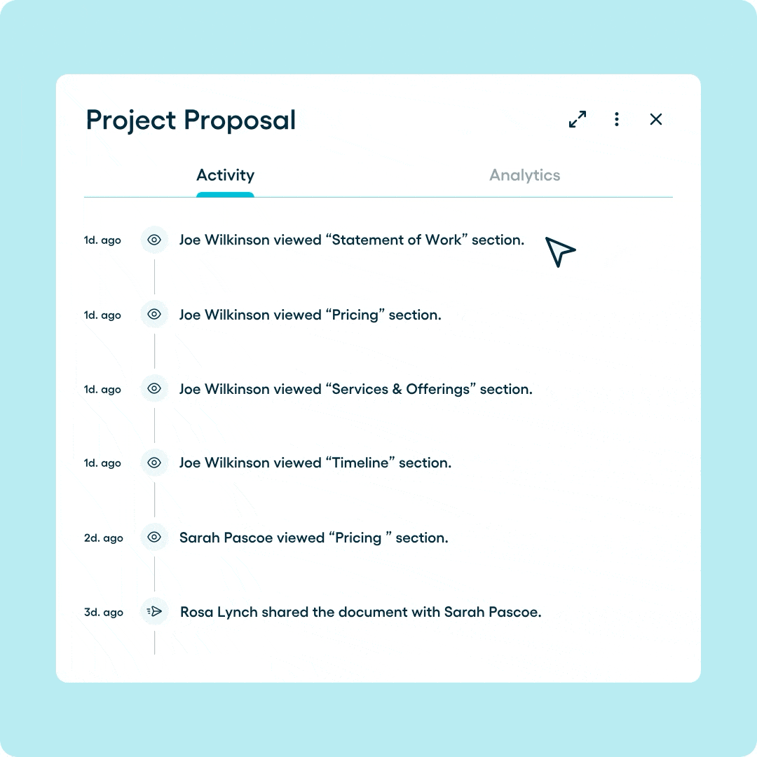 A graph of all user views of a Proposify proposal, sorted by user to show how many time a specific user viewed the document.